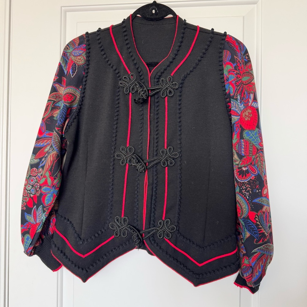 Vintage Black and Red Wool Knit Skirt Suit, Made in Italy, fits size small